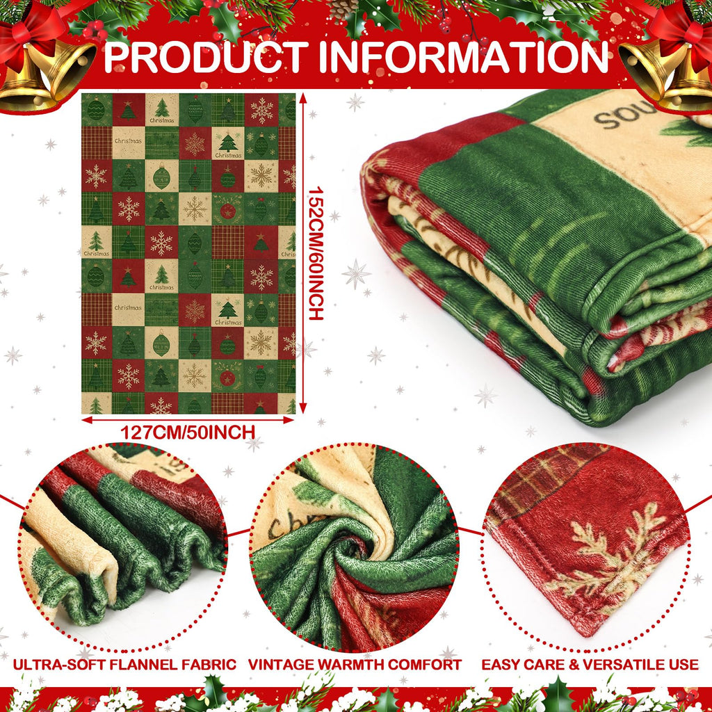 HunnmingRe Christmas Flannel Blanket Throw Red Green Checkered Blanket Christmas Tree Snowflake Soft Fuzzy Cozy Throw for Couch Bedroom Sofa Travel Bed Xmas Decor, 50 x 60 Inch