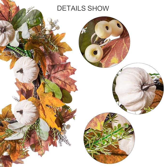 DN DECONATION 24“ Fall Wreaths for Front Door Decor, Autumn Harvest Wreaths for Porch Door Outdoor, Fall Wreath Decorations for Home Outside Thanksgiving, White Pumpkins Wreath