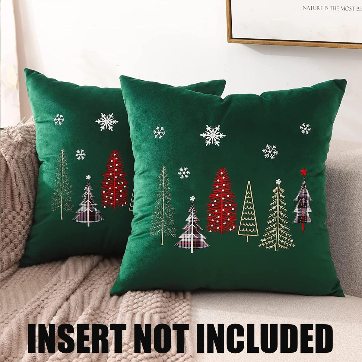 Tosleo Christmas Embroidery Throw Pillow Covers 24 x 24 inch Set of 2 Xmas Dec Velvet Pillowcases Forest Green Christmas Trees Cushion Pillow Cases Soft Square Holiday Pillowcase