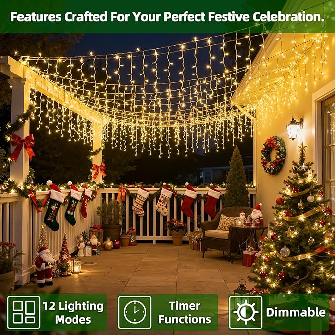 670 LED Christmas Lights with 148 Drops, 66ft 12 Modes Hanging ice String Lights with Timer & Dimmable & Waterproof, Plug-in Fairy Lights for Tree Holiday Wedding Party Christmas Decor Warm White