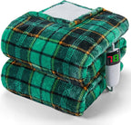 Green Heated Blanket Electric Twin Size 62X84, Christmas Heating Blanket, Plaid Sherpa Winter Blankets Warmer, 10 Heating Levels & 8-Hour Auto Off, Fast Heated House Warming Gifts New Home Decor