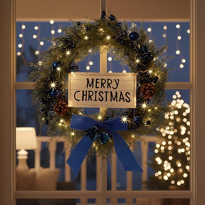 Lighted Christmas Artificial Cedar Wreath for Front Door with Hanger Christmas Wreaths Faux Norfolk with Velvet Bow LED Lights Jingle Bells Pinecone Berries Indoor Window Xmas Holiday Decor(Blue)