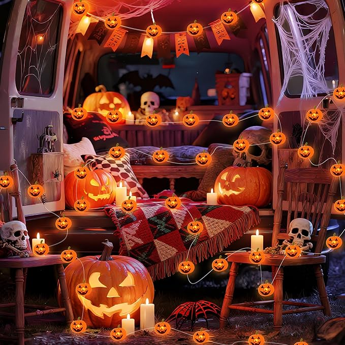 Halloween Pumpkin String Lights, 16 ft 50 LED Orange Battery Operated Lights for Lawns Garden Outdoor Holiday Party Decorations (2 Pack)