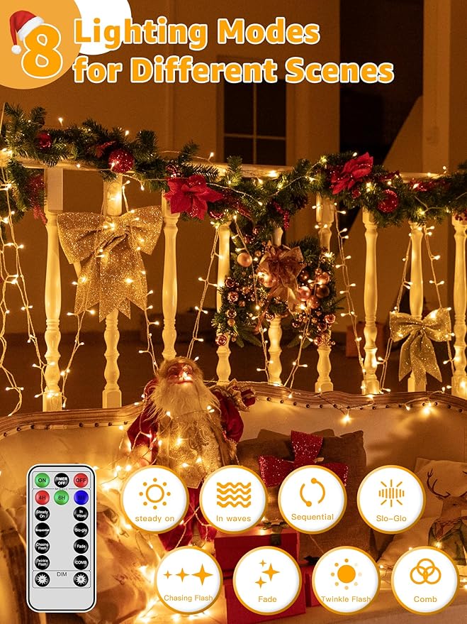 Christmas String Lights 600LED 98FT, Waterproof String Lights with Remote and Timer, 8 Modes Dimmable Christmas Lights for Indoor Outdoor Wedding Party Holiday Decorations (Warm White)