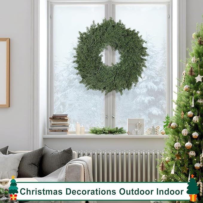 26" Real Touch Christmas Cedar Wreath, Christmas Wreaths for Front Door, Realistic Pine Wreath, Large Green Cypress Wreaths for Home Fireplace Wall Window Porch Outdoor Xmas Holiday Decor