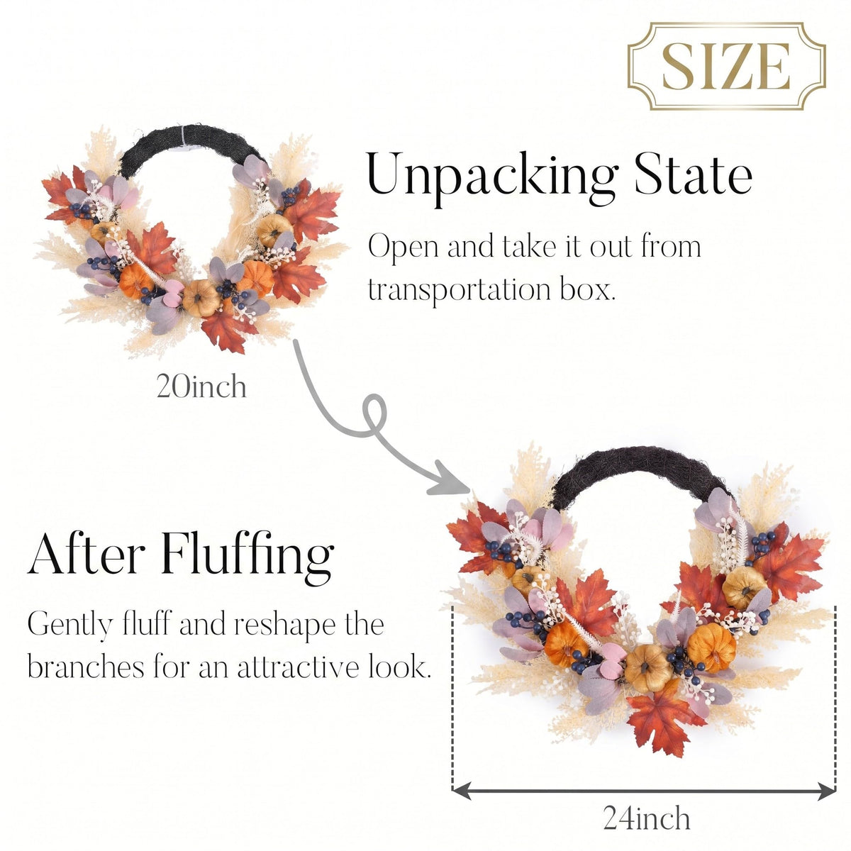 Valery Madelyn 24" Collapsible Pumpkin Wreaths for Front Door,Fall Wreath with LED Lights Artificial Maple Leaves Pampas Grass for Autumn Decor,Harvest Decorations for Home Wall Thanksgiving Decor