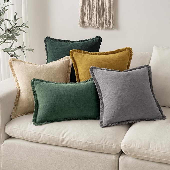 MIULEE Christmas Decorative Throw Pillow Covers Neutral Linen Fringe Throw Pillows Set of 2 Army Green Boho Farmhouse Cushion Covers with Tassels for Couch Sofa Bed Living Room Home Decor 20x20 Inch