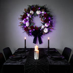 HipTree 20 Inch Light Up Halloween Wreath for Front Door with Skulls Roses Pumpkins, Gothic Black Wreath with Purple LED Lights, Battery Operated Timer Spooky Fall Wreath for Indoor Outdoor Porch