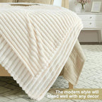 decorUhome Christmas Soft Fleece Cream White Throw Blanket for Couch, Cozy Fluffy Plush Flannel Striped Blanket for Sofa Bed, Lightweight Decorative Ribbed Fuzzy Blanket for Woman, 50x60 Inches