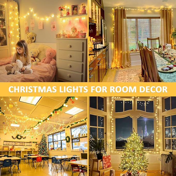 JMEXSUSS 150 LED Christmas Lights Indoor Plug in, Connectable Warm White Christmas Lights for Bedroom, 59ft 8 Modes Twinkle Fairy Light Outdoor for Room Classroom Party Christmas Tree Decor