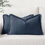 MIULEE Christmas Decorative Throw Pillow Covers Neutral Linen Fringe Throw Pillows Set of 2 Indigo Blue Boho Farmhouse Cushion Covers Coastal Decor for Couch Sofa Bed Living Room Decor 12x20 Inch