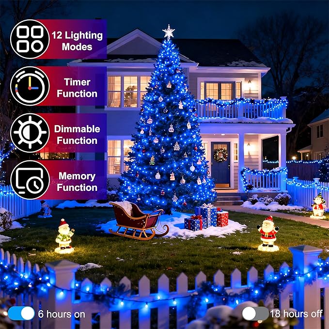 750 LED 256FT Christmas String Lights Outdoor, Christmas Light with 8 Lighting Modes& Timer & Memory, Plug in Outdoor Waterproof Clear Wire Twinkle Light for for Xmas Yard Tree Party Decor Blue