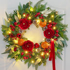 Pre-lit Christmas Wreaths for Front Door- 24 Inch Outdoor Christmas Wreath with Lights,Green Lighted Xmas Door Wreath with Pinecones,Red Flowers and Orange Berries for Holiday Decor
