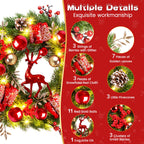 Quntis Lighted Christmas Wreath Front Door - 16'' Reindeer Winter Wreath with 8 Modes Timer, Red Gold Balls, Snowflakes, Pine Cones, Berries for Indoor Outdoor Holiday Windows Fireplace Mantel Porch