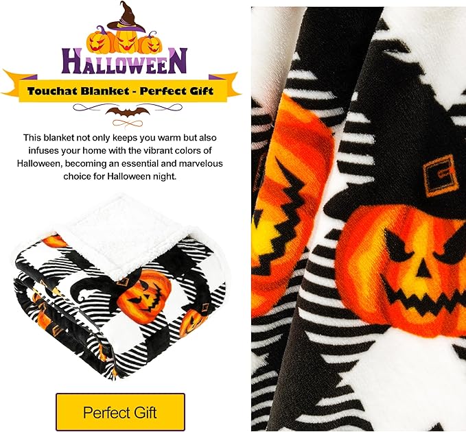 Touchat Halloween Blanket Twin Size 60" X 70"，Pumpkin Sherpa Fall Fuzzy Fluffy Soft Cozy Blankets, Fleece Flannel Plush Microfiber Throw for Couch Bed Sofa, Halloween Decor (BlackHalloween)