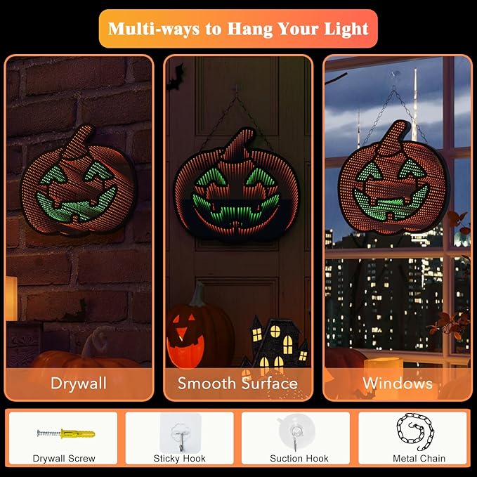 Halloween Pumpkin Night Lights, 12.2" x 16.54" 3D Infinite Mirror Pumpkin Light, LED Lighted Halloween Indoor Decoration for Kids Party Windows Doors Walls, Battery/USB & Plug-in Lights Sign