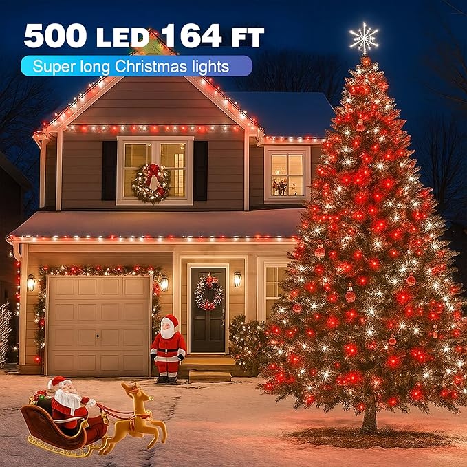 Christmas Lights 500LED 164FT, Waterproof Christmas Tree Lights with 8 Modes, Remote Control 3 Timers & Memory Function Xmas Decorations for House and Holiday (White and Red)
