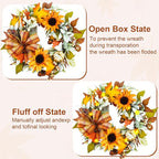 Fall Wreaths for Front Door,Sunflower Autumn Wreath with Lights,Pumpkins and Bows,for Thanksgiving Halloween Farmhouse Indoor Outdoor Outside (Yellow Sunflower)