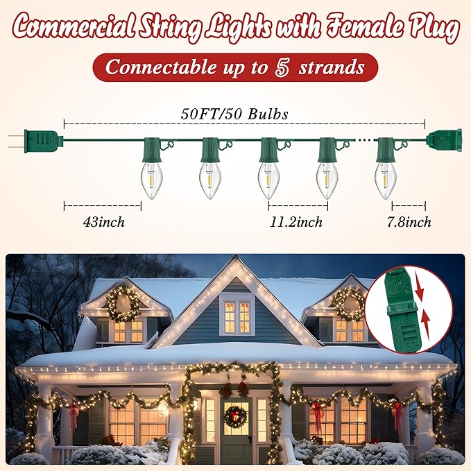 50 FT C9 LED Christmas Lights Outdoor With Clips, Large Bulb String Lights, Warm White Roofline Lights for House and Garden Xmas Decoration