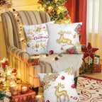 WSZBDY Christmas Throw Pillow Covers White Gold Snowflake Reindeer Christmas Decorations 18X18 inch Set of 4 Winter Christmas Indoor Home Holiday Ornaments Short Push Cushion for Sofa Tree