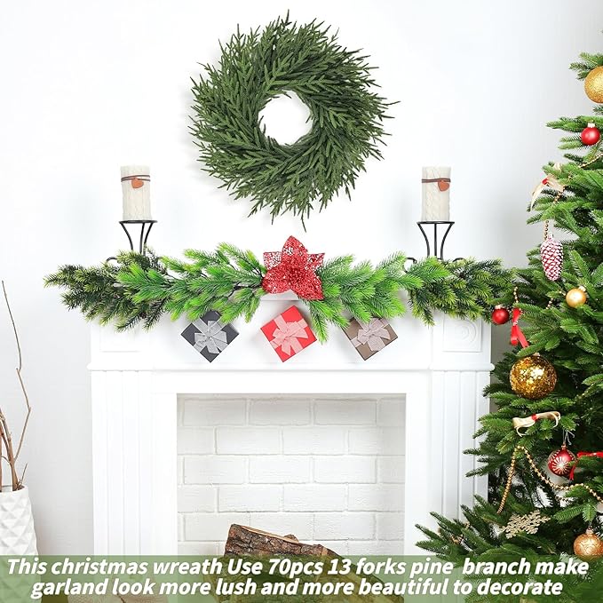 26 inch Norfolk Pine Wreath, Realistic Christmas Wreath for Front Door,Artificial Real Touch Green Wreath Greenery for Door Wall Windows Mantle Outdoor Christmas Decoration
