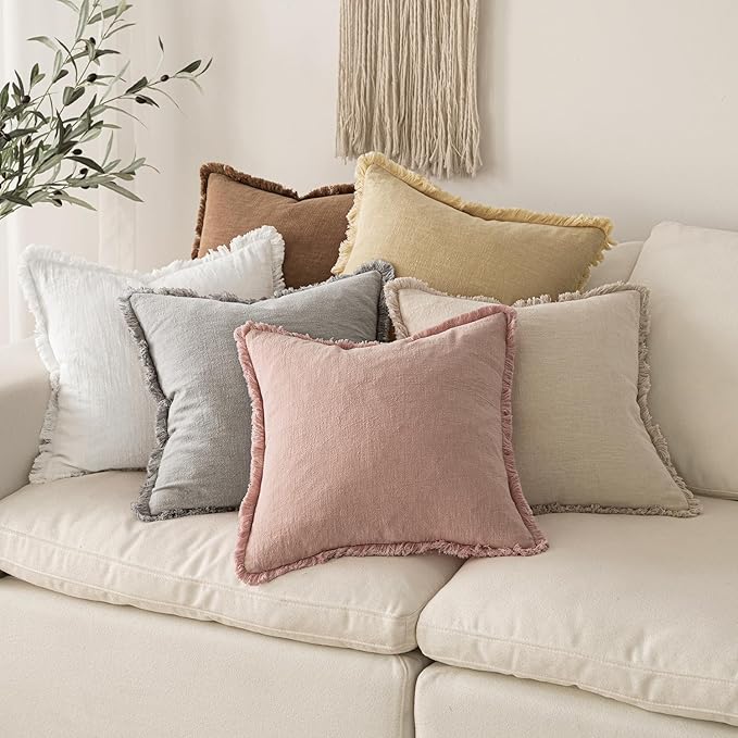 MIULEE Christmas Decorative Throw Pillow Covers Neutral Linen Fringe Throw Pillows Euro Shams Set of 2 White Boho Farmhouse Cushion Covers for Couch Sofa Bed Living Room Spring Home Decor 26x26 Inch
