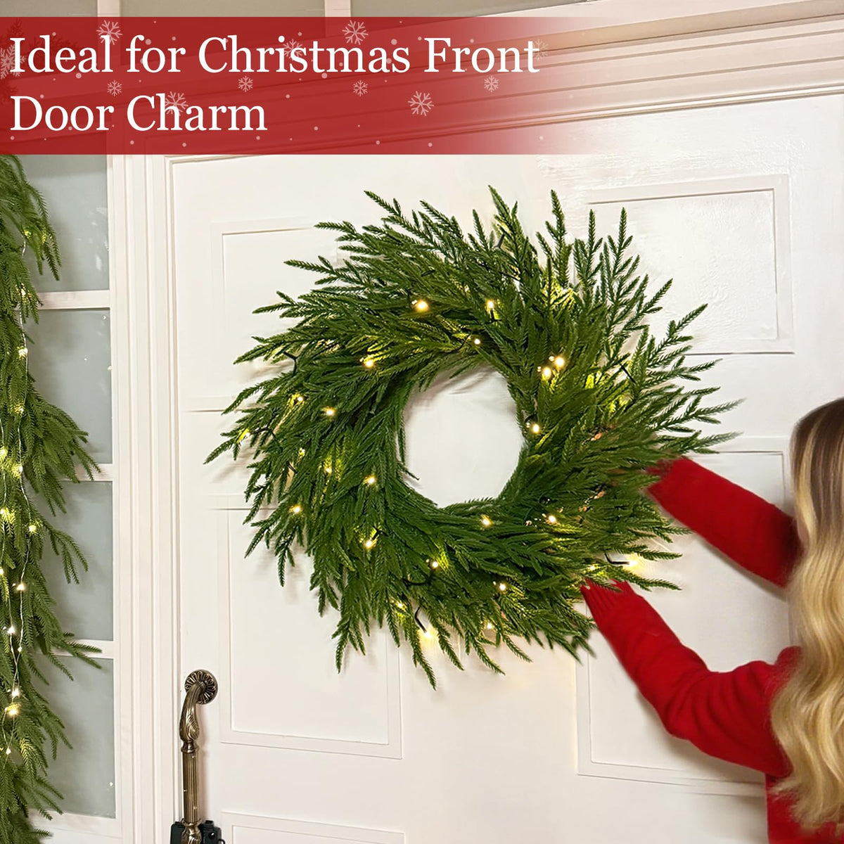 24" Lighted Norfolk Pine Wreath, Thick and Soft, Timer and 8 Modes, Artificial Christmas Wreaths for Front Door 50 LED 70 Pine Branches Christmas Door Wreath for Wall Window Indoor Outdoor Home Decor