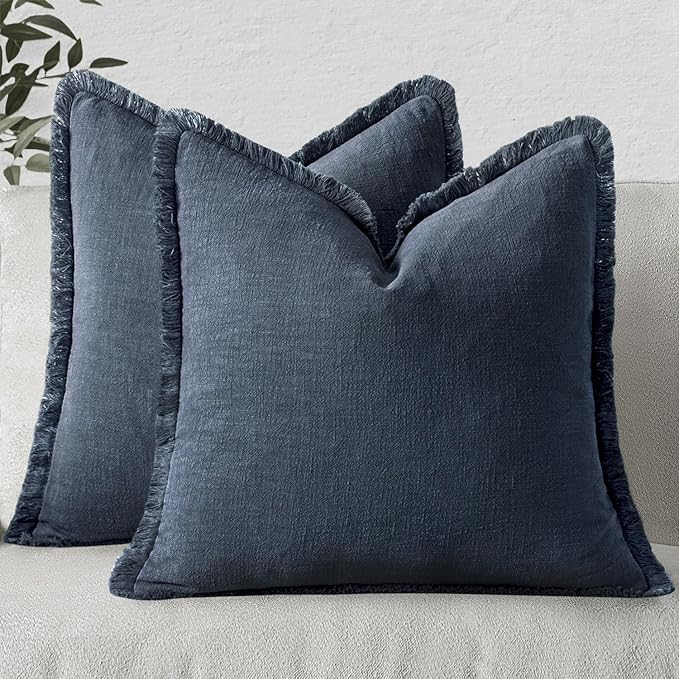 MIULEE Christmas Decorative Throw Pillow Covers Neutral Linen Fringe Throw Pillows Set of 2 Indigo Blue Boho Farmhouse Cushion Covers Coastal Decor for Couch Sofa Bed Living Room Decor 18x18 Inch