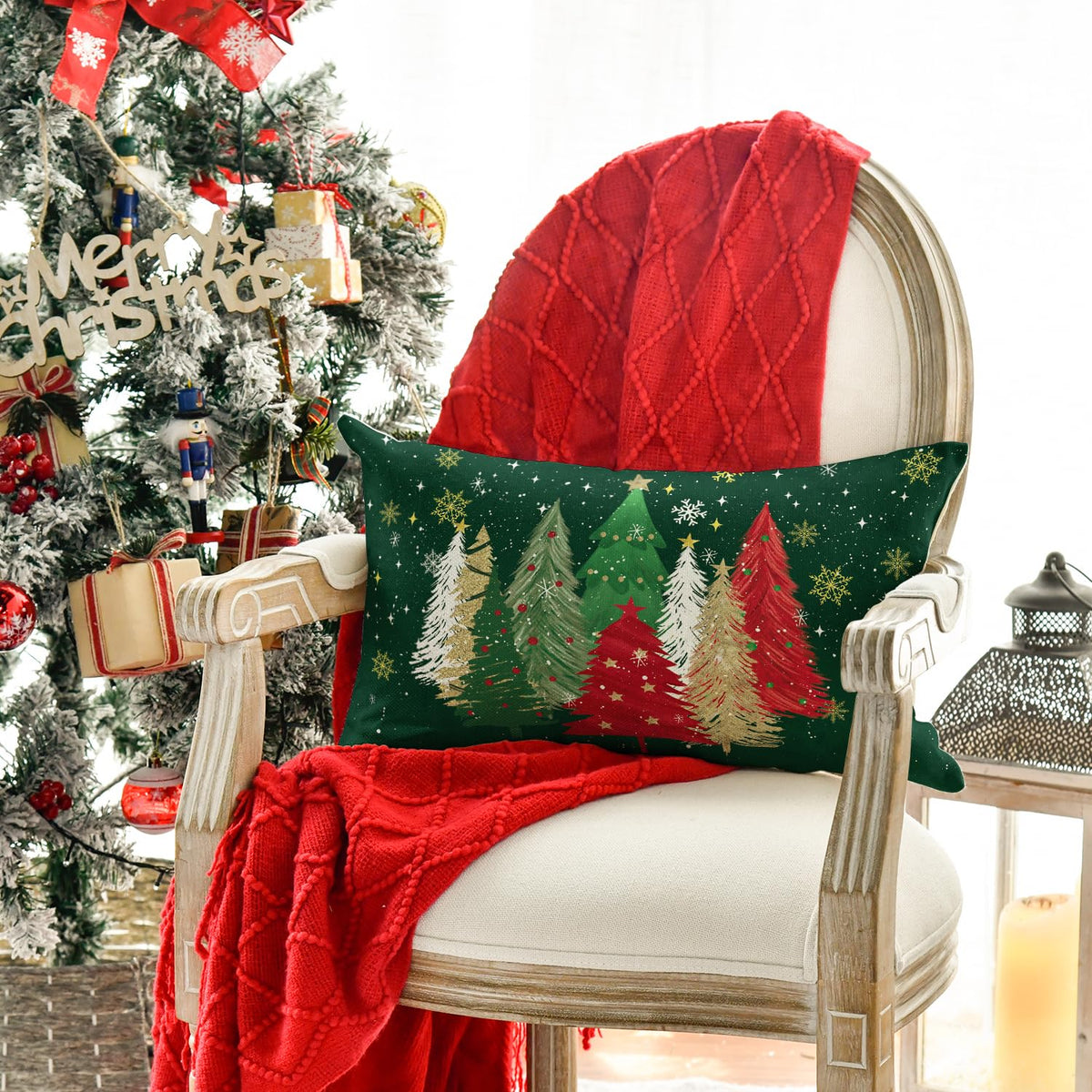 AVOIN colorlife Green and Red Merry Christmas Trees Snowflake Throw Pillow Cover, 12 x 20 Inch Seasonal Winter Holiday Cushion Case Decoration for Sofa Couch