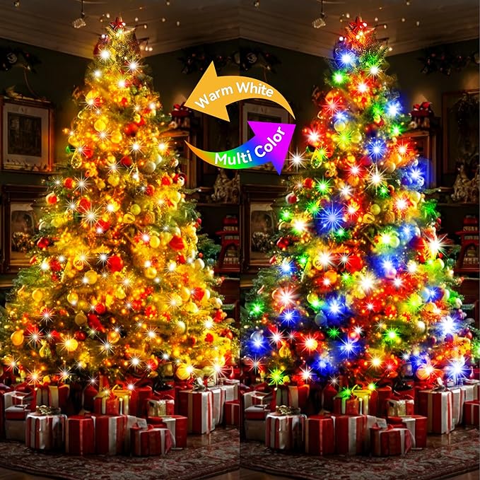 KNONEW Christmas Lights Outdoor 500 LED 197FT Green Wire Color Changing String Lights with 11 Modes & Timer Dimmable Fairy Light for Xmas Tree Roof Yard Wedding Decorations(Warm White to Multicolor)