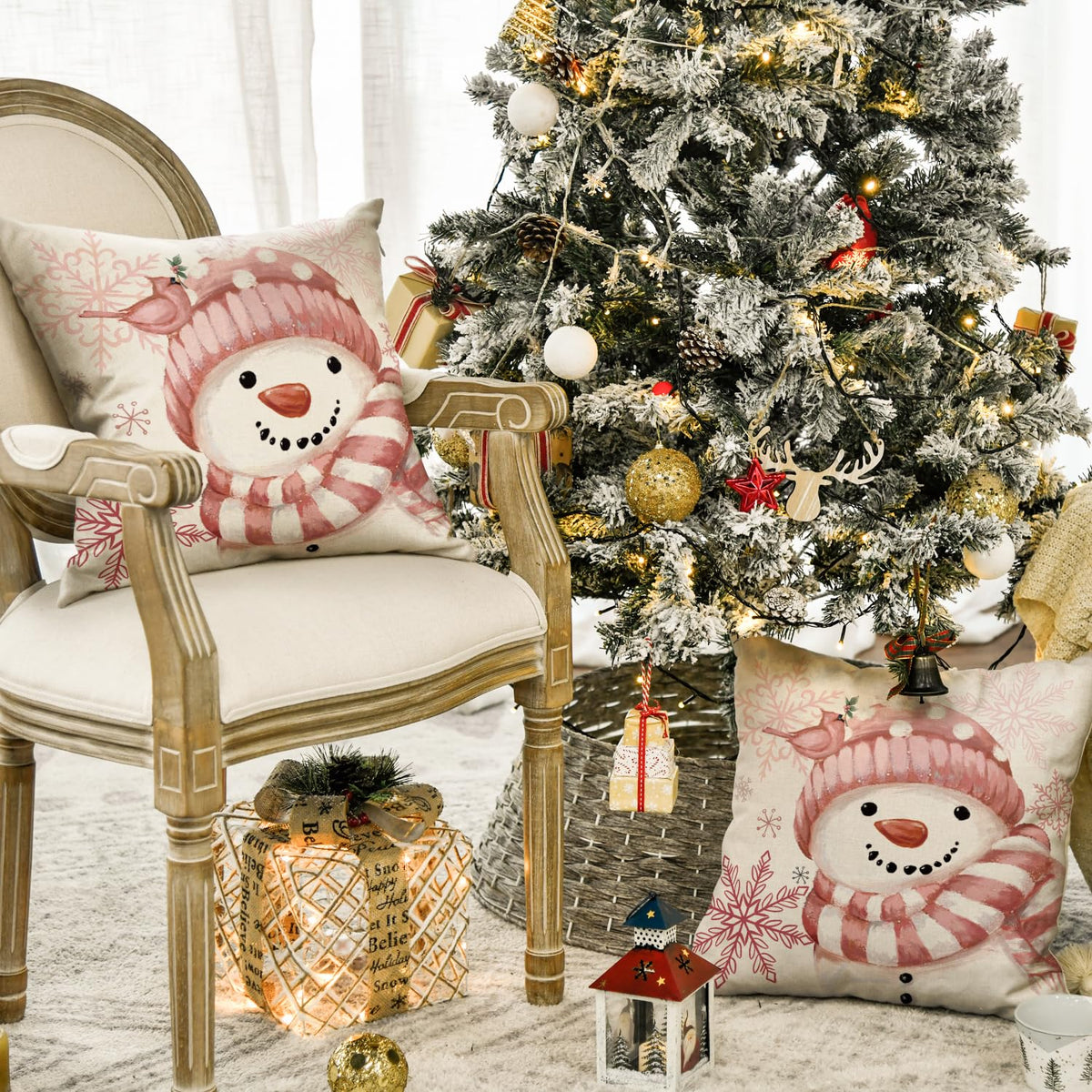 AVOIN colorlife Winter Snowman Snowflake Bird Throw Pillow Covers Set of 2, 18 x 18 Inch Pink Seasonal Christmas Holiday Cushion Case Decoration for Sofa Couch