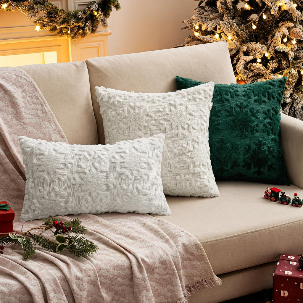 MIULEE Christmas Snowflake Decorative Throw Pillow Covers Set of 2,Soft Fluffy Faux Wool Winter Holiday Couch Pillows for Farmhouse Boho Home Decor Sofa Bed Porch Living Room 16x16 Inch Pure White