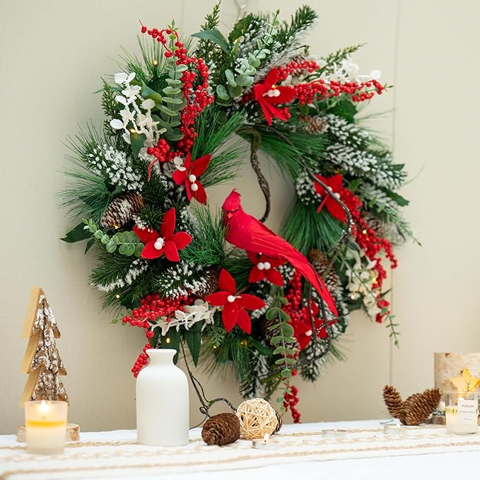 Christmas Wreath with Lights, Soomeir 24 Inch Lighted Christmas Wreaths for Front Door with Pine Needles and Berries, Large Prelit Wreath for Holiday Winter Window Outdoor Indoor Xmas