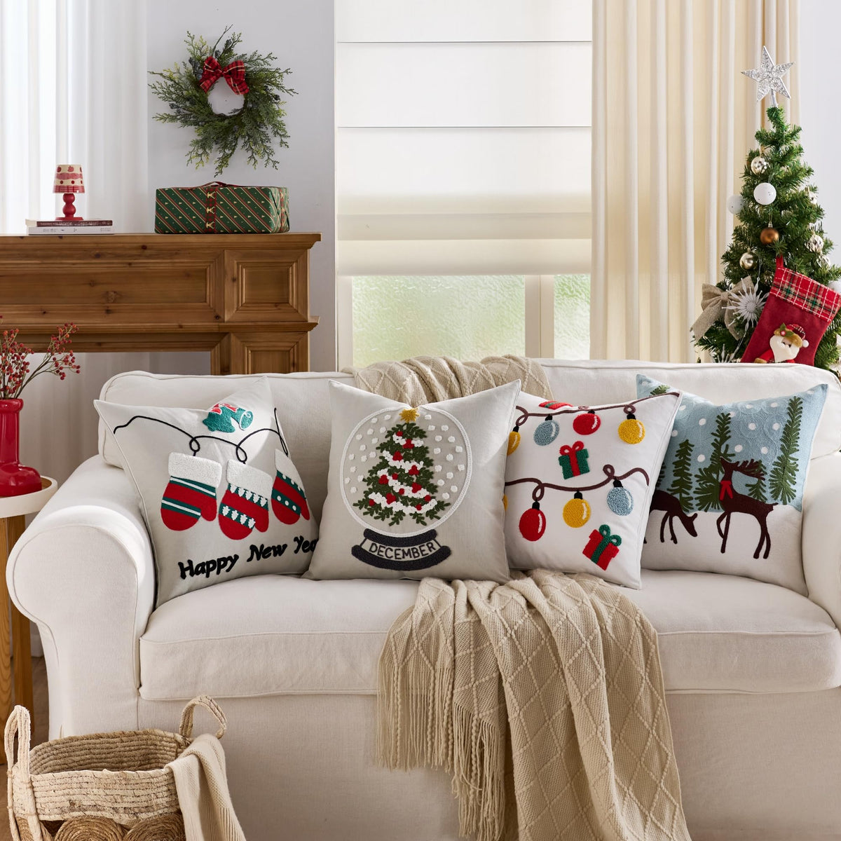 Farmhouse Christmas Pillow Covers 18x18 Set of 2, Xmas Embroidered Throw Cushion Cases with Festive Patterns for Rustic Home Holiday Decor (Gnome Christmas, 18" x 18" (Pack of 2))