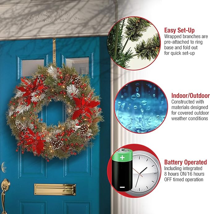 National Tree Company Pre-Lit Artificial Christmas Wreath, Green, Tartan Plaid, White Lights, Decorated with Frosted Branches, Pine Cones, Berry Clusters, Flowers, Christmas Collection, 30 Inches