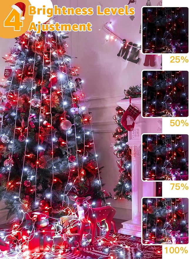 Christmas Lights 600 LED 98FT, Waterproof Outdoor String Lights with Remote and Timer, 8 Modes Dimmable Fairy Lights for Indoor Outdoor Wedding Party Holiday Decorations (Red and White)