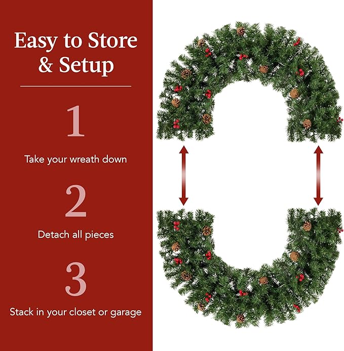 Best Choice Products 48in Pre-Lit Christmas Wreath w/Berries & Pinecones, Large Artificial Indoor/Outdoor Decor for Door, Mantel w/Red Bow, Plug-in