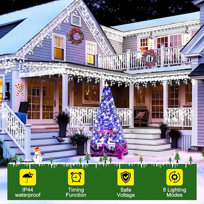 164FT 1600 LED Christmas Lights Outdoor Decorations with 320 Drops Timer 8Mode Curtain String Lights Waterproof Plug in Fairy Lights for Indoor,Xmas,Party,Patio,Window,Fence,Trees Decor(Cold White)