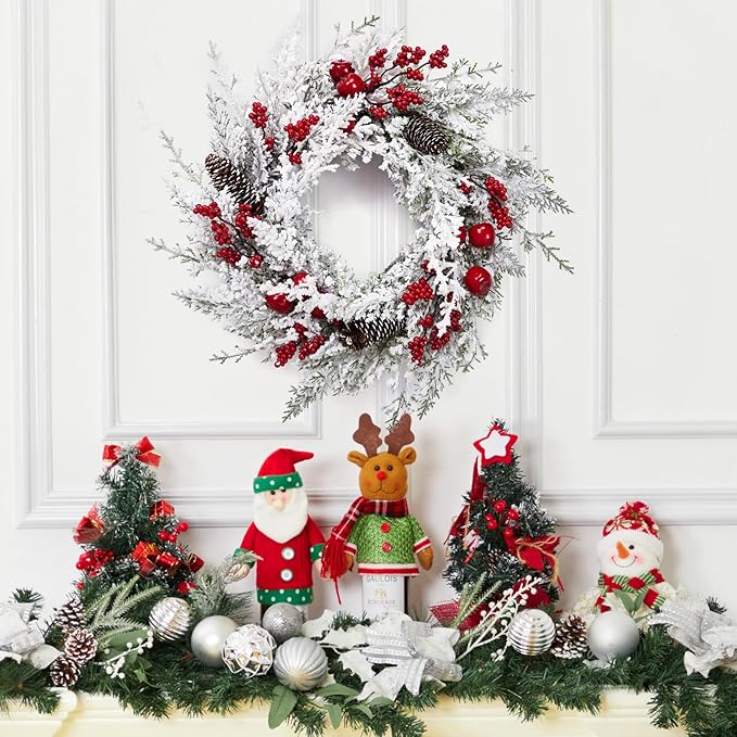 Christmas Wreath, 18 Inch Snow Flocked White Winter Wreath with Pine Cones Berries Apples for Front Door Fireplace Table Centerpiece Holiday Home Indoor Outdoor Decoration