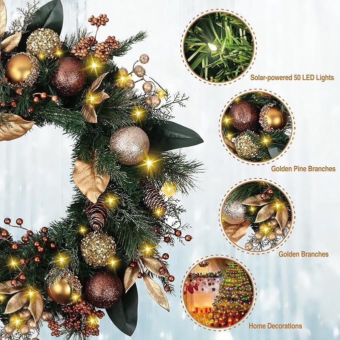 Solar Christmas Wreath 28 Inch Pre-Lit Solar 50 Led Artificial Wreath for Front Door Window Home Decor Decorated with Golden Pine Cones Christmas Balls Glitter Pine Branches(2811)