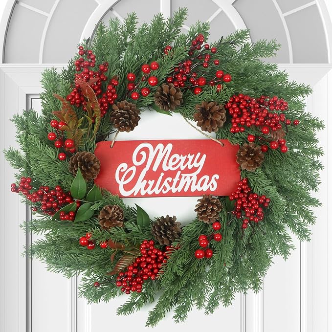 Christmas Wreaths for Front Door,Winter Wreaths for Indoor and Outdoor Decorations,Christmas Door Wreath with Pine Cones and Leaves,Berries,Wood Sign for Decor