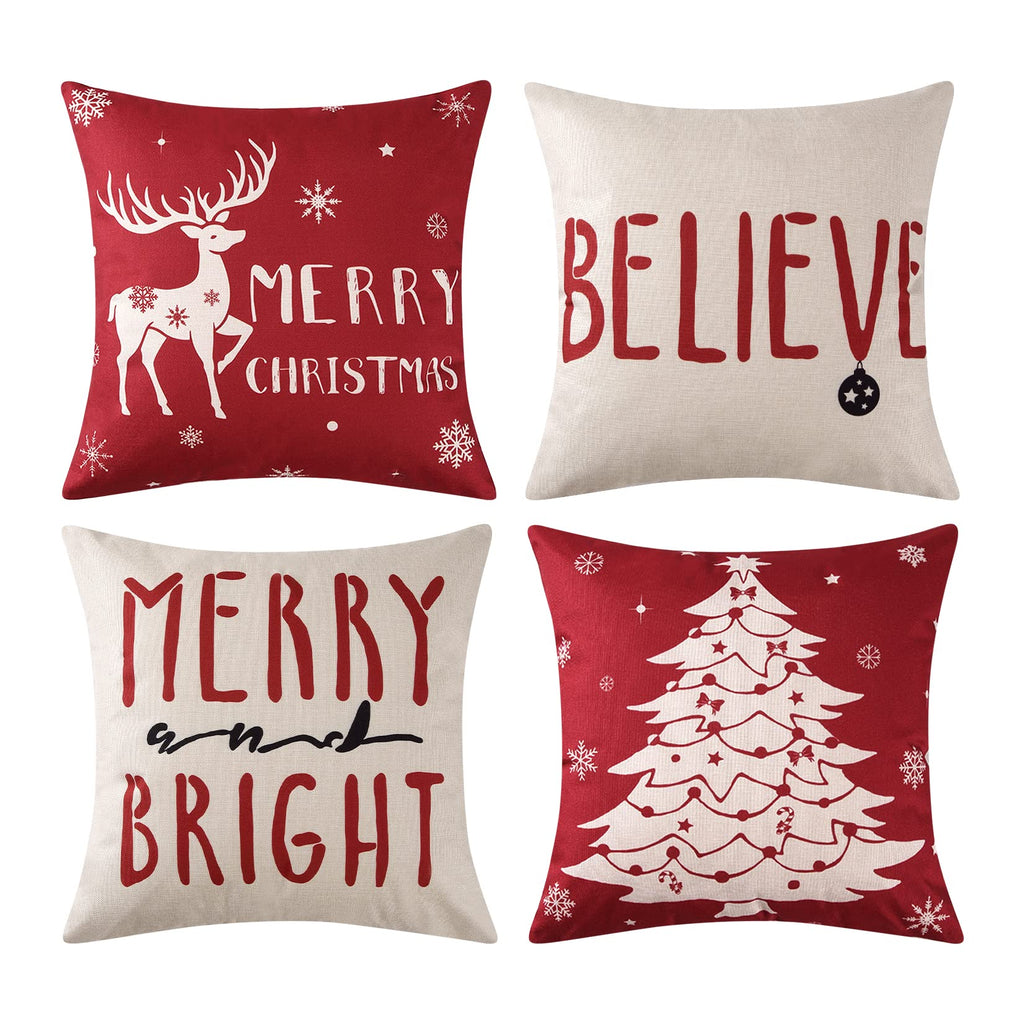 CAROMIO Christmas Decoration Pillow Covers 18 x18 Set of 4 Farmhouse Decorative Throw Pillows for Home Deer Rustic Xmas Tree Pillow Cases Winter Holiday Decor Throw Cushion Cases for Sofa Couch