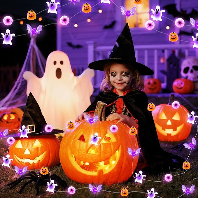 Halloween String Lights, 16 ft 50 LED Pumpkin Bat Eyes Ghost Battery Operated Lights for Lawns Garden Outdoor Holiday Party Halloween Decorations (2 Pack)