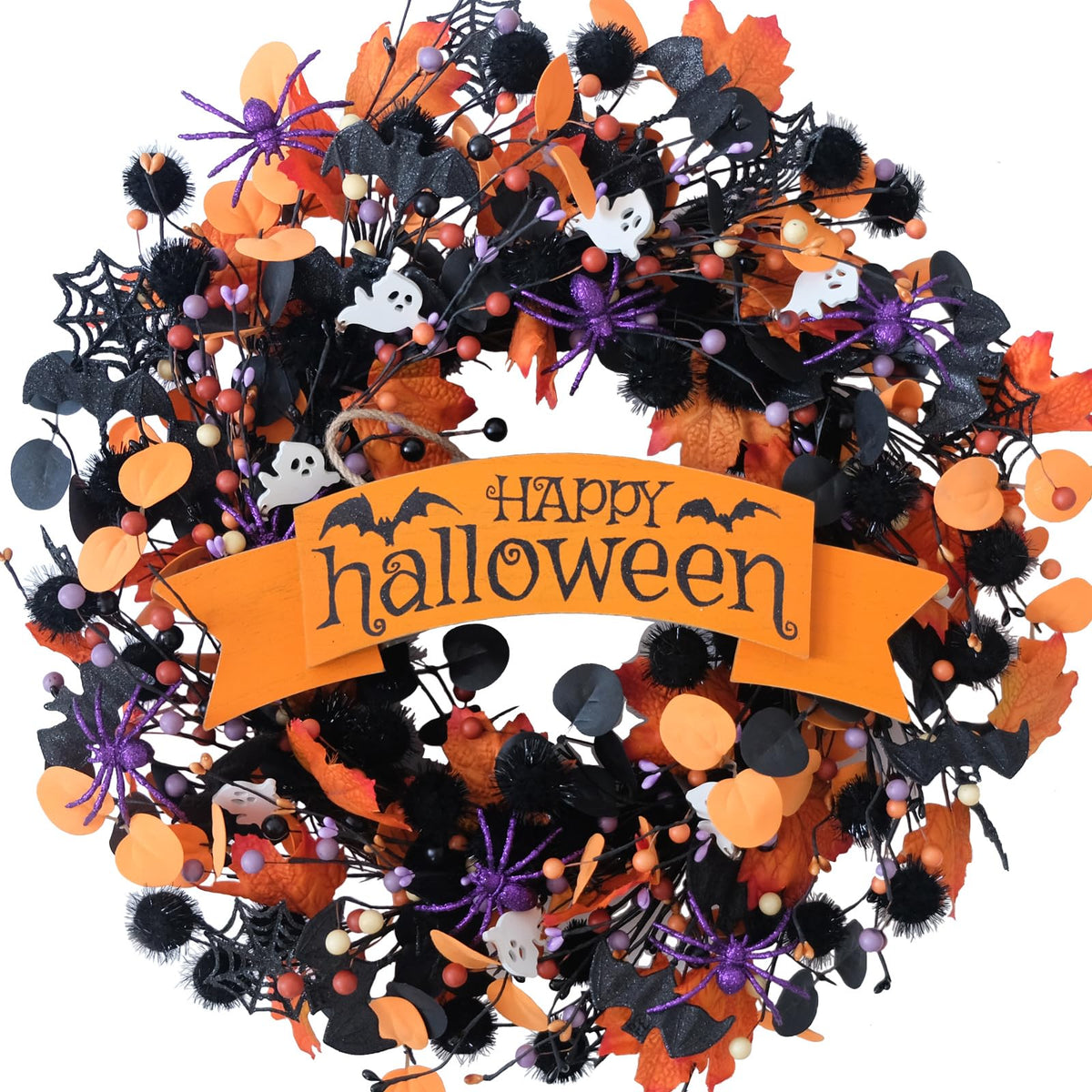 22 Inch Halloween Orange Black Boxwood Wreath with Ghost Spider for Front Door, Soft Touch Boxwood Berries Wreath for Indoor Outdoor, Happy Halloween Sign Wreaths for Home Decor