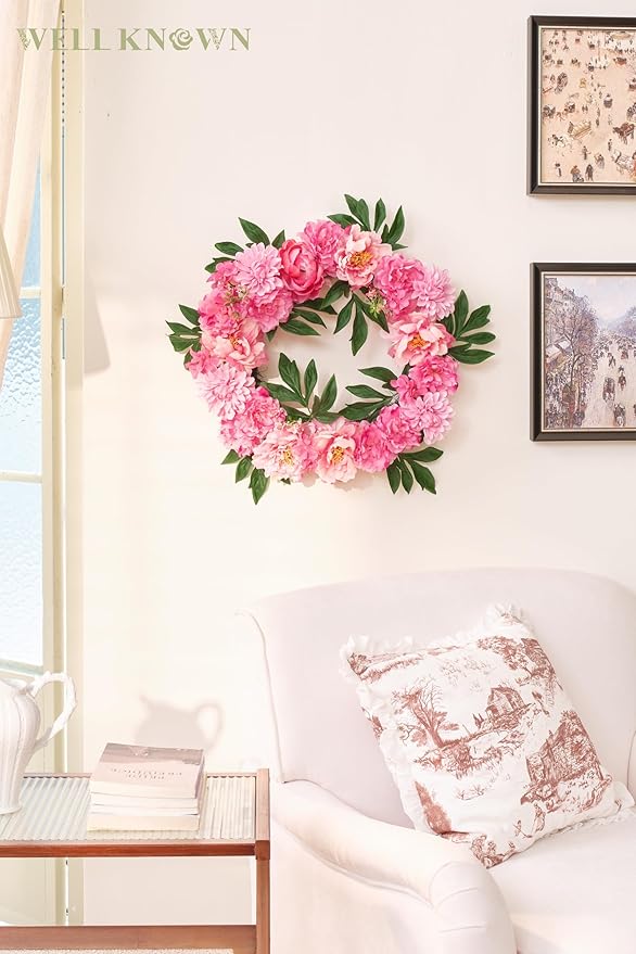 WELL KNOWN Silk Peony Wreaths for Front Door, Artificial Flower Wreath for Seasonal Decor, Indoor Wall Window for Home Decor, Shops Farmhouse Wedding Party Thanksgiving Christmas (Pink)