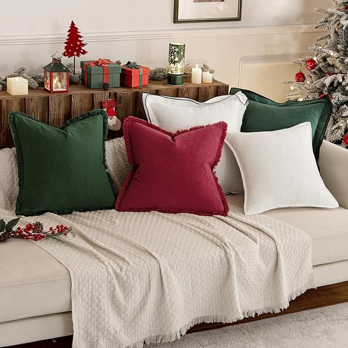 MIULEE Christmas Decorative Throw Pillow Covers Neutral Linen Fringe Throw Pillows Set of 2 Burgundy Boho Farmhouse Cushion Covers with Tassels for Couch Sofa Bed Living Room Home Decor 20x20 Inch
