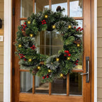 24 Inch Artificial Pre-Lit Christmas Wreath with Suction Cup Hook, Mixed Pine Decorated Frosted Berries, Pinecones, 50 LED Lights, Battery Operated, Holiday Decoration for Front Door, Outdoor