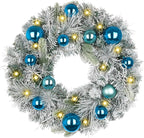 24 inch Christmas Wreath,Winter Pine Wreaths with Blue Ball LED Lights for Front Door for Fireplace Xmas Decorations, Wall Window Indoor Outdoor Decor