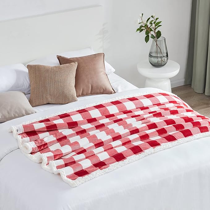 Touchat Sherpa Red and White Buffalo Plaid Christmas Twin Blanket 60" X 70", Fuzzy Fluffy Soft Cozy Blankets, Fleece Flannel Plush Microfiber Throw for Couch Bed Sofa (Red and White)