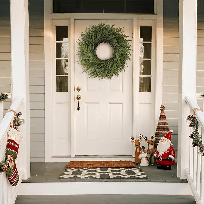 26" Norfolk Pine Wreath for Front Door, Artificial Christmas Wreaths Faux Green Fake Pine Needles Wreath for Front Door Wall Windows Indoor Outdoor Christmas Decor